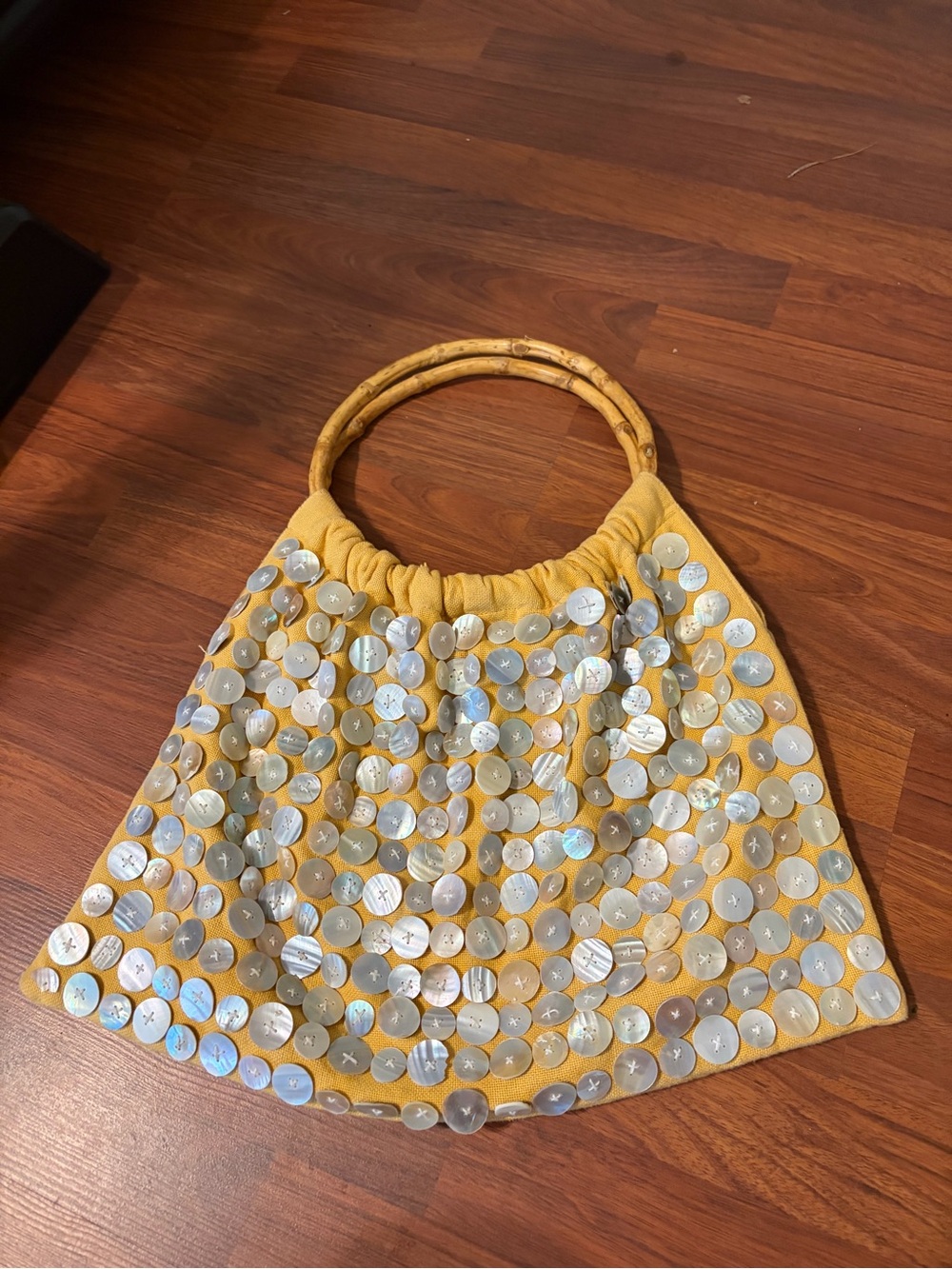 The Bag Sisters button cloth bamboo handle purse